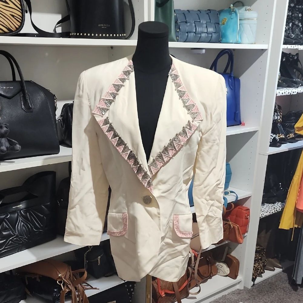 Cream and Pink Suit Jacket with Embellished Lapel